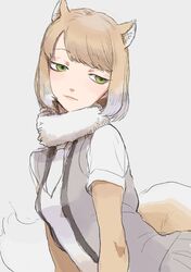  1girl animal_ears closed_mouth commentary expressionless fox_ears fox_girl fox_tail gradient_hair green_eyes grey_background grey_shirt katsuoboshi kemono_friends multicolored_hair orange_hair shirt short_hair short_sleeves simple_background solo tail tibetan_fox_(kemono_friends) upper_body white_hair white_shirt 