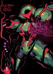  1girl absurdres arm_cannon black_background character_name claws cropped_legs glowing glowing_hand helmet highres metroid metroid_dread metroid_suit power_suit rariatto_(ganguri) samus_aran shoulder_spikes solo spikes visor weapon 