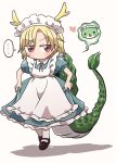 ... 1girl alternate_costume antlers apron black_footwear blonde_hair blue_dress chibi dragon_horns dragon_tail dress enmaided full_body heart horns kicchou_yachie kobayashi-san_chi_no_maidragon maid maid_apron maid_headdress mary_janes otter_spirit_(touhou) parody puffy_short_sleeves puffy_sleeves red_eyes rokugou_daisuke shadow shoes short_hair short_sleeves signature solo spoken_ellipsis tail touhou turtle_shell white_apron white_background white_legwear