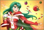  1girl :d artist_name austriausagi bell blush breasts candy_cane cape cecilia_(fire_emblem) christmas christmas_dress christmas_ornaments christmas_stocking elbow_gloves fire_emblem fire_emblem:_the_binding_blade fire_emblem_heroes gloves green_eyes green_hair intelligent_systems long_hair nintendo open_mouth smile solo star upper_teeth 
