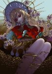  1girl angel bieshuohuaaiwo blonde_hair buttons chinese_commentary commentary_request doll dress flower halo hat long_hair lord_of_the_mysteries red_eyes reinette_tinekerr ribbon socks thorns yellow_dress 