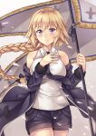  1girl absurdres bangs blonde_hair blue_eyes braid braided_ponytail breasts closed_mouth collared_shirt eyebrows_visible_through_hair fate/apocrypha fate_(series) floating_hair from_side hair_between_eyes highres jeanne_d&#039;arc_(fate) jeanne_d&#039;arc_(fate)_(all) long_hair looking_at_viewer medium_breasts necktie ponytail shiny shiny_hair shirt sideboob sketch sleeveless sleeveless_shirt smile solo suzumiya_(suzumiyasaito) upper_body very_long_hair white_shirt wing_collar 