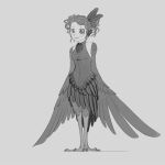  1girl alternate_hairstyle animal_ears bird_ears bird_legs crowanon crowgirl dress feather_hair_ornament feather_trim feathered_wings feathers greyscale hair_ornament harpy lipstick makeup monochrome monster_girl original sleeveless sleeveless_dress smile solo source_request talons wavy_hair winged_arms wings 