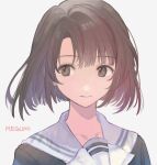  1girl bangs bob_cut brown_eyes brown_hair character_name closed_mouth commentary_request eyebrows_visible_through_hair fujie-yz grey_background highres katou_megumi looking_to_the_side portrait saenai_heroine_no_sodatekata sailor_collar school_uniform serafuku short_hair simple_background solo white_sailor_collar 