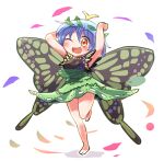  1girl antennae aqua_hair bare_legs barefoot blush butterfly_wings dress eternity_larva eyebrows_visible_through_hair fairy full_body green_dress hair_between_eyes highres leaf leaf_on_head multicolored_clothes multicolored_dress one_eye_closed open_mouth orange_eyes rokugou_daisuke short_hair short_sleeves simple_background single_strap smile solo teeth touhou upper_teeth white_background wings 