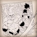  3boys alternate_universe angry artist_name back_turned baggy_pants belt black_border black_sclera border clenched_hands closed_eyes colored_sclera commentary_request dragon_ball dragon_ball_z fenyon gogeta greyscale halftone inside_creature looking_at_another looking_at_viewer majin_buu male_focus metamoran_vest monochrome multiple_boys outside_border pants sash serious shoes short_hair spiky_hair standing super_buu super_saiyan super_saiyan_1 vambraces 