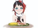  1girl :i bangs black_hair black_sports_bra blue_eyes blush closed_mouth commentary demon_girl demon_horns ear_chain ear_piercing eating food food_on_face fruit gin_(tttetu123) horns hot_dog looking_at_viewer multicolored_hair no_jacket onigiri piercing pointy_ears red_sports_bra redhead rice rice_on_face ryugasaki_rene short_hair simple_background solo sparkling_eyes sports_bra sugar_lyric two-tone_hair umeboshi upper_body virtual_youtuber wavy_mouth white_background 