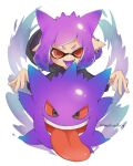 1girl animal_ears bangs black_hoodie colored_tongue earrings fangs gengar hands_up highres hood hoodie inkling jewelry long_sleeves looking_at_viewer matsushita_(matsudbox) nintendo open_mouth pointy_ears pokemon purple_hair purple_tongue red_eyes short_hair simple_background smile splatoon_(series) tongue tongue_out twitter_username upper_body v-shaped_eyebrows white_background