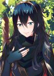  1girl ameno_(a_meno0) blue_eyes blue_hair closed_mouth elbow_gloves fingerless_gloves fire_emblem fire_emblem_awakening gloves hair_between_eyes long_hair looking_down lucina_(fire_emblem) outdoors smile solo symbol-shaped_pupils tiara upper_body 