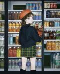  1girl beret black_shirt bottle brown_eyes brown_hair feet_out_of_frame from_behind hat highres holding holding_bottle indoors long_sleeves looking_at_viewer looking_back medium_hair original plaid plaid_skirt red_headwear shelf shirt skirt solo utsuwa0120 