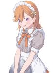  1girl apron bangs bow bowtie brown_shirt eyebrows_visible_through_hair frilled_apron frills hair_between_eyes highres holding holding_tray long_hair looking_at_viewer love_live! love_live!_superstar!! maid maid_apron maid_headdress mikazuchi_zeus orange_bow orange_bowtie orange_hair orange_skirt parted_lips puffy_short_sleeves puffy_sleeves shibuya_kanon shirt short_sleeves skirt solo standing tray violet_eyes white_background 