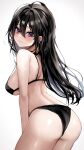  1girl absurdres ass bare_shoulders bikini black_bikini black_hair blush closed_mouth copyright_request highres kudou_(sikisiki0000) long_hair simple_background solo swimsuit violet_eyes white_background 