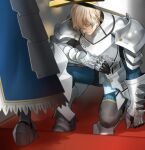  1boy 1girl armor armored_boots armored_dress armored_skirt artoria_pendragon_(fate) black_gloves blonde_hair blue_dress boots bowing closed_eyes closed_mouth dress excalibur_(fate/stay_night) fate/extella fate/extra fate/stay_night fate_(series) game_cg gauntlets gawain_(fate) gloves highres kneeling long_sleeves metal_boots non-web_source official_art out_of_frame photoshop_(medium) saber shoulder_armor solo_focus sword wada_arco weapon 