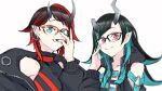  2girls adjusting_eyewear bangs belt beltbra black-framed_eyewear black_hair black_jacket black_nails black_sports_bra blue_belt blue_eyes blue_hair chain chest_belt closed_mouth clothing_cutout commentary_request demon_girl demon_horns ear_chain ear_piercing flat_chest gin_(tttetu123) glasses hexagonal_eyewear highres horns jacket long_hair long_sleeves looking_at_viewer multicolored_hair multiple_girls nail_polish open_clothes open_jacket piercing pointy_ears red-framed_eyewear red_eyes red_sports_bra redhead ryugasaki_rene shishio_chris short_hair shoulder_cutout simple_background smile sparkle sports_bra sugar_lyric two-tone_hair upper_body virtual_youtuber white_background 