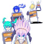  2boys 3girls anger_vein aqua_hair blank_eyes blonde_hair blood blue_eyes blue_hair blue_outline blue_scarf bow brown_vest chair commentary gapinelu giving_up_the_ghost grey_skirt hair_bow hatsune_miku kagamine_len kagamine_rin kaito_(vocaloid) leaning_forward long_hair looking_at_another looking_back megurine_luka miniskirt multiple_boys multiple_girls nosebleed outline pink_hair pleated_skirt racing scarf shadow shirt shoes short_hair sitting sitting_backwards skirt spiky_hair tears uwabaki vest vocaloid white_background white_bow white_shirt 