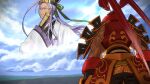  2boys armored_skirt back bow chen_gong_(fate) chinese_armor chinese_clothes clouds cloudy_sky coat dark_skin fate/extella fate/extra fate_(series) folding_fan game_cg green_bow green_ribbon hair_bow hairband hand_fan highres looking_at_another looking_down lu_bu_(fate) multiple_boys non-web_source official_art photoshop_(medium) ponytail purple_hair redhead ribbon sky violet_eyes wada_arco white_coat 