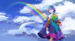  1girl belt blue_eyes blue_hair blue_sky blush breasts brown_belt cape card cloak cloud_print clouds cloudy_sky day dress happy highres holding holding_card katsuragi_atori long_sleeves multicolored_clothes multicolored_dress multicolored_hairband patchwork_clothes rainbow rainbow_gradient short_hair sky sky_print small_breasts smile tenkyuu_chimata touhou two-sided_cape two-sided_fabric white_cape white_cloak yellow_bag zipper zipper_pull_tab 
