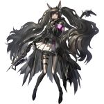  1girl animal_ear_fluff animal_ears arknights armband bangs black_coat black_footwear black_hair coat crossbow drone eyebrows_visible_through_hair full_body grey_legwear grey_sweater hand_up holding holding_crossbow holding_weapon kjerag_logo long_hair long_sleeves looking_at_viewer miniskirt moschi_(arknights) official_art open_clothes open_coat pantyhose pleated_skirt ryuuzaki_ichi shoes skirt solo sweater thigh_strap transparent_background twintails very_long_hair violet_eyes weapon white_skirt 
