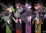  4girls alternate_costume arm_up bandaid bandaid_on_face bangs bat_wings black_bow black_headwear black_jacket blonde_hair blush bow braid breasts brown_eyes brown_hair clothes_writing commentary_request crystal detached_sleeves english_text flandre_scarlet full_body green_bow green_ribbon grey_sleeves grey_sweater grin hair_bow hair_tubes hakurei_reimu hand_in_pocket hat hat_bow hat_ribbon high_heels jacket kirisame_marisa light_blue_hair long_hair long_sleeves looking_at_viewer mechanical_legs medium_breasts mob_cap multiple_girls open_mouth pointy_ears red_bow red_eyes red_ribbon remilia_scarlet ribbon shiny shiny_hair short_hair siblings sideboob sidelocks single_braid sisters smile standing standing_on_one_leg sweater teeth tendou_kaoru touhou v_over_eye wings witch_hat yellow_eyes 