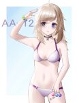  1girl aa-12_(girls&#039;_frontline) absurdres bangs barcode barcode_tattoo bare_shoulders bikini blonde_hair blue_eyes bracelet breasts bruise bruised_eye candy character_name closed_mouth codename696 collarbone eyebrows_visible_through_hair feet_out_of_frame food girls_frontline hand_up highres holding holding_candy holding_food holding_lollipop injury jewelry leg_tattoo lollipop long_hair looking_up medium_breasts navel neck_ribbon necklace ribbon simple_background solo standing star_(symbol) star_necklace swimsuit tattoo white_bikini white_swimsuit 