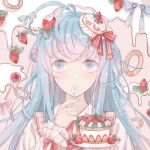  1girl blue_hair cake douluo_dalu dress eating food fruit gradient_eyes gradient_hair hair_ornament hat looking_at_viewer multicolored_eyes multicolored_hair qing_xixixixixizi_w ribbon spoon strawberry tang_wutong_(douluo_dalu) 