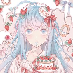  1girl blue_hair cake douluo_dalu dress eating food fruit gradient_eyes gradient_hair hair_ornament hat looking_at_viewer multicolored_eyes multicolored_hair qing_xixixixixizi_w ribbon spoon strawberry tang_wutong_(douluo_dalu) 