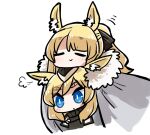  animal_ear_fluff animal_ears arknights bangs black_headwear black_jacket blemishine_(arknights) blonde_hair blue_eyes blush chibi closed_eyes closed_mouth commentary_request cropped_torso dog-san eyebrows_visible_through_hair garrison_cap grey_cloak hat horse_ears jacket mini_hat ponytail short_eyebrows simple_background smile thick_eyebrows upper_body whislash_(arknights) white_background 