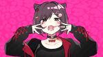  animal_(vocaloid) animal_print black_choker black_jacket black_shirt breasts brown_hair cat_hair_ornament choker enskkt facepaint facial_mark fangs hair_cones hair_ornament heart_ring heart_ring_choker jacket jewelry leopard_print long_sleeves multicolored_nails multiple_rings open_mouth paw_hair_ornament pink_background project_sekai ring shinonome_ena shirt short_hair two_side_up upper_body vocaloid whisker_markings 