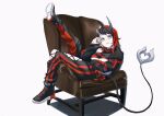  1girl armchair bangs black_footwear black_hair black_jacket black_nails black_pants black_sports_bra blue_eyes breasts chain chair commentary_request cropped_jacket cross-laced_pants demon_girl demon_horns demon_tail ear_chain full_body gin_(tttetu123) highres horns jacket large_breasts leg_up looking_at_viewer multicolored_hair nail_polish open_clothes open_jacket pants parted_lips pointy_ears red_pants red_sports_bra redhead ryugasaki_rene shoes short_hair simple_background sitting_sideways sneakers solo sports_bra sugar_lyric tail two-tone_hair two-tone_pants under_boob virtual_youtuber white_background 