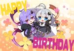  2girls :d antenna_hair bangs black_dress black_jacket blue_eyes blush braid breasts chibi commentary_request criss-cross_halter dress eyebrows_visible_through_hair grey_hair hair_between_eyes hair_ornament halterneck happy_birthday highres jacket kizuna_akari large_breasts long_hair long_sleeves low_twintails milkpanda multiple_girls open_clothes open_jacket orange_legwear pantyhose pink_eyes puffy_long_sleeves puffy_sleeves purple_dress purple_hair purple_legwear ribbed_legwear shirt short_eyebrows sleeves_past_fingers sleeves_past_wrists smile star_(symbol) striped striped_legwear thick_eyebrows thigh-highs twin_braids twintails vertical-striped_legwear vertical_stripes very_long_hair voiceroid white_shirt yuzuki_yukari 