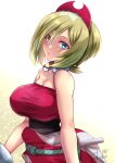  1girl alternate_breast_size blonde_hair blue_eyes breasts eyebrow_cut highres irida_(pokemon) large_breasts pokemon pokemon_(game) pokemon_legends:_arceus red_headwear shirt solo strapless strapless_shirt takecha 