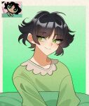  1girl arukigae black_hair blush buttercup_redraw_challenge derivative_work eyebrows_visible_through_hair green_background green_eyes green_pajamas highres messy_hair pajamas powerpuff_girls reference_inset screencap_redraw shadow short_hair smile solo upper_body 