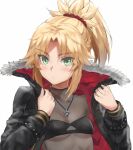  1girl bangs blonde_hair blush braid breasts fate/apocrypha fate_(series) french_braid green_eyes hair_ornament hair_scrunchie long_hair long_sleeves looking_at_viewer mordred_(fate) mordred_(fate/apocrypha) parted_bangs ponytail scrunchie sidelocks small_breasts solo tonee 