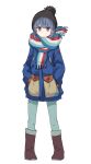  1girl blue_hair boots full_body hands_in_pockets hat jacket scarf shima_rin shiroshi_(denpa_eshidan) solo violet_eyes white_background winter_clothes yurucamp 