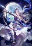  1girl aiming arrow_(projectile) artemis_(mythology) bare_shoulders bow_(weapon) full_moon gloves greek_mythology highres huge_moon jjlovely moon red_lips solo space tagme tiara weapon white_armor white_footwear white_gloves white_hair 