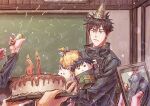  1boy 3others animal axis_524 bag bangs birthday_cake black_eyes black_hair black_jacket cake cellphone chalkboard classroom dog food fushiguro_megumi gift hat high_collar highres holding holding_phone holding_tray indoors jacket jujutsu_kaisen long_sleeves looking_at_viewer male_focus multiple_others party_hat party_popper phone school_uniform short_hair solo_focus spiky_hair stuffed_toy tray 