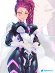  1girl artist_name bodysuit braid braided_ponytail breasts commentary cosplay crossover dark_skin etchimune facial_mark fire_emblem fire_emblem:_three_houses gloves large_breasts lips long_hair long_sleeves medium_breasts neon_genesis_evangelion neon_trim parted_lips petra_macneary plugsuit purple_hair shiny shiny_clothes shiny_hair simple_background skin_tight smile solo tattoo tied_hair turtleneck white_background yellow_eyes zoom_layer 