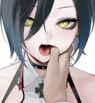  1boy 1girl azur_lane bangs black_hair blue_hair choker collar collared_shirt cross eyebrows_visible_through_hair eyeshadow fangs finger_in_another&#039;s_mouth hair_between_eyes hand_in_mouth jewelry long_eyelashes looking_at_viewer makeup ohisashiburi open_mouth original pale_skin piercing sharp_teeth shirt short_hair simple_background solo spiked_collar spikes teeth tongue tongue_piercing tongue_tattoo ulrich_von_hutten_(azur_lane) white_background 