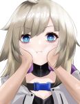  1girl aa-12_(girls&#039;_frontline) absurdres bangs blonde_hair blue_eyes blush bruise bruised_eye closed_mouth codename696 eyebrows_visible_through_hair girls_frontline highres injury jacket long_hair looking_at_viewer open_clothes open_jacket solo_focus white_background white_jacket 