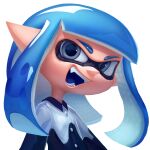  1girl bangs blue_hair blunt_bangs buttons child collared_shirt commentary english_commentary fangs flat_chest grey_eyes happy highres inkling long_hair long_sleeves looking_at_viewer miitara multicolored_shirt open_mouth pointy_ears shiny shiny_hair shirt sidelocks simple_background smile solo splatoon_(series) teeth tentacle_hair tentacles two-tone_shirt upper_body white_background 