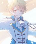  1boy aiguillette arms_at_sides ascot backlighting blonde_hair blurry blurry_background brooch buttons closed_mouth collared_jacket colored_eyelashes confetti double-breasted flag hair_between_eyes hetalia38 jacket jewelry lens_flare light_blush looking_at_viewer male_focus orange_eyes project_sekai simple_background smirk tenma_tsukasa tsurime v-shaped_eyebrows white_background white_jacket 