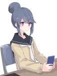  1girl blue_hair cellphone hair_bun phone sailor_collar school_uniform shima_rin shiroshi_(denpa_eshidan) sitting smartphone solo violet_eyes white_background yurucamp 