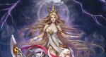  1girl absurdly_long_hair blonde_hair bracelet clouds cloudy_sky copyright_request crown dress goddess gold_crown gold_trim halo jewelry jjlovely lightning long_hair looking_at_viewer sky solo storm storm_cloud very_long_hair white_dress 