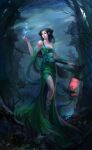  1girl bare_shoulders bare_tree black_hair castle clouds cloudy_sky dress forest glowing green_dress holding holding_lantern jjlovely lantern long_hair nature nie_xiaoqian sky solo strange_stories_from_a_chinese_studio tagme tree 