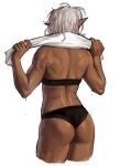  1girl absurdres artist_name ass back black_bra black_panties bra commentary cropped_legs dark-skinned_female dark_elf dark_skin elf english_commentary facing_away from_behind highres matilda_fiship muscular muscular_female olivia_(matilda_fiship) original panties pointy_ears scar short_hair simple_background solo sweat towel underwear underwear_only white_background white_hair 