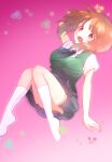  1girl :d arm_behind_head arm_up bangs blue_skirt brown_eyes brown_hair commentary_request dress_shirt eyebrows_visible_through_hair floating girls_und_panzer gradient gradient_background green_vest highres looking_at_viewer miniskirt necktie nishizumi_miho open_mouth pink_background rurikoke shirt short_hair short_sleeves skirt smile socks solo sparkle vest white_legwear white_shirt wing_collar 