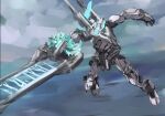  clouds crystal flying highres holding holding_sword holding_weapon looking_ahead mark_sein mecha open_hand science_fiction sgr_(rx79g_sgr) sketch sky solo soukyuu_no_fafner sword visor weapon 