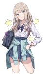  1girl absurdres aqua_sweater bag bead_bracelet beads blonde_hair blue_eyes blush bookbag bracelet clothes_around_waist contrapposto cropped_legs dress_shirt hand_on_hip heart high-waist_skirt highres idolmaster idolmaster_shiny_colors jewelry koala long_hair plaid plaid_skirt school_uniform serizawa_asahi shirt skirt smile solo star_(symbol) sweater sweater_around_waist tamago_(eva1314056) wavy_hair white_background white_shirt 