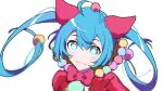  1girl absurdres ahoge animal_ears bangs blue_eyes blue_hair bow bowtie cat_ears cleavage_cutout close-up closed_mouth clothing_cutout colorful eyebrows_visible_through_hair face fang fur_(clothing) hair_between_eyes hair_ornament hatsune_miku head_tilt highres light_smile long_hair looking_at_viewer looking_up ovexxxxx parted_bangs pom_pom_(clothes) pom_pom_hair_ornament project_sekai red_bow red_bowtie shiny shiny_hair simple_background solo sparkle star_cutout symbol-shaped_pupils tsurime twintails upper_body very_long_hair vocaloid wavy_hair white_background 
