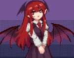  1girl black_skirt black_vest black_wings collared_shirt eyebrows_visible_through_hair head_wings juliet_sleeves koakuma long_skirt long_sleeves looking_up necktie own_hands_together pixel_art pointy_ears puffy_sleeves purple_background red_eyes red_necktie redhead shirt simple_background skirt solo touhou v_arms vest wings youmo_de_chihuo 